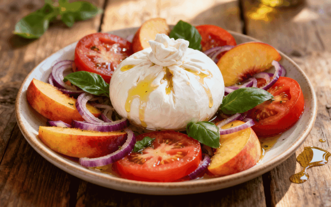 Burrata d’Estate – Tomaten-Pfirsich-Salat mit cremiger Burrata