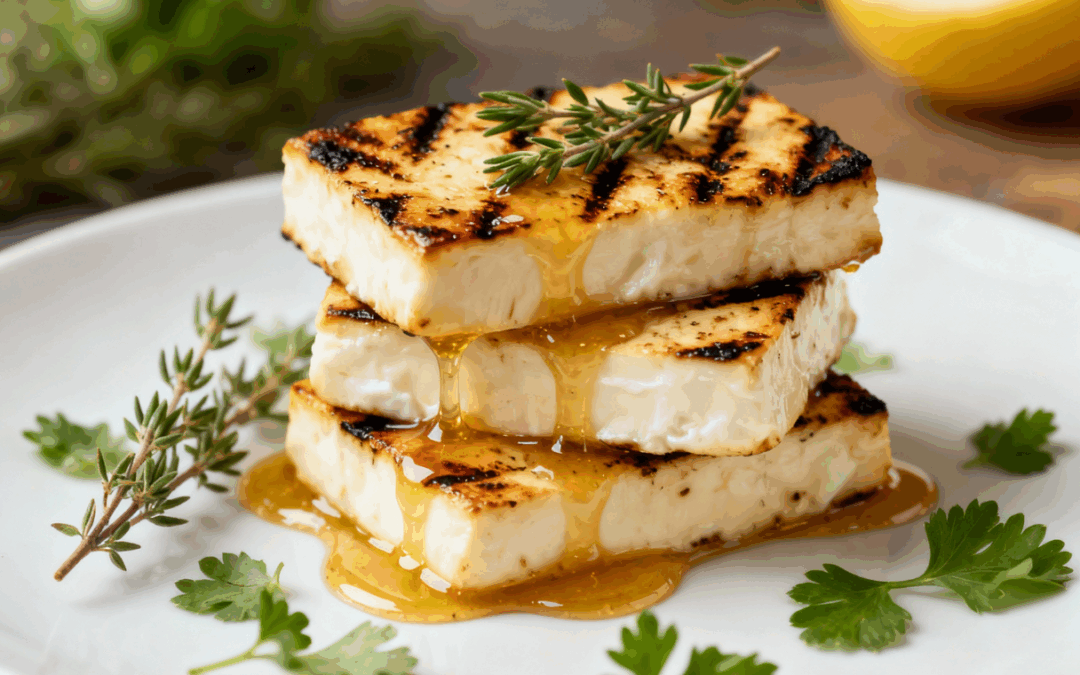 Halloumoment – Warmes Halloumi-Türmchen mit Zitronen-Honig-Glasur