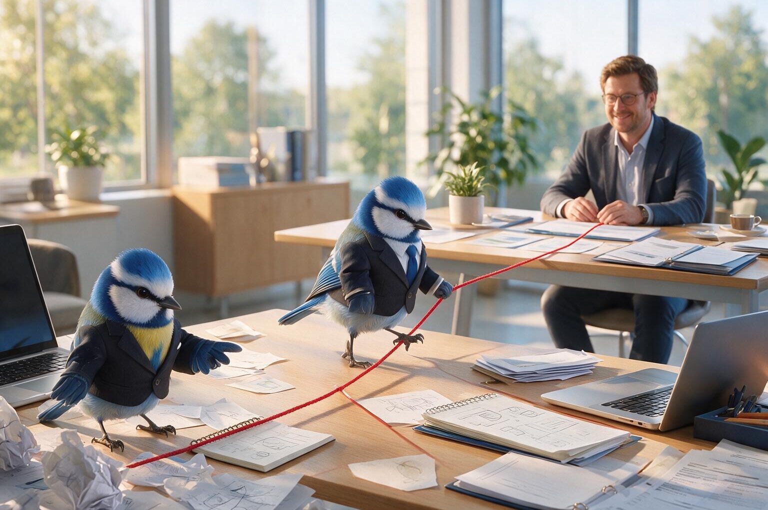 Die Blaumeise von NUSSBAUM Marketing hilft einem Mittelständler bei der Positionierung, indem es über den Schreibtisch und vielen Dokumenten einen roten Faden spannt