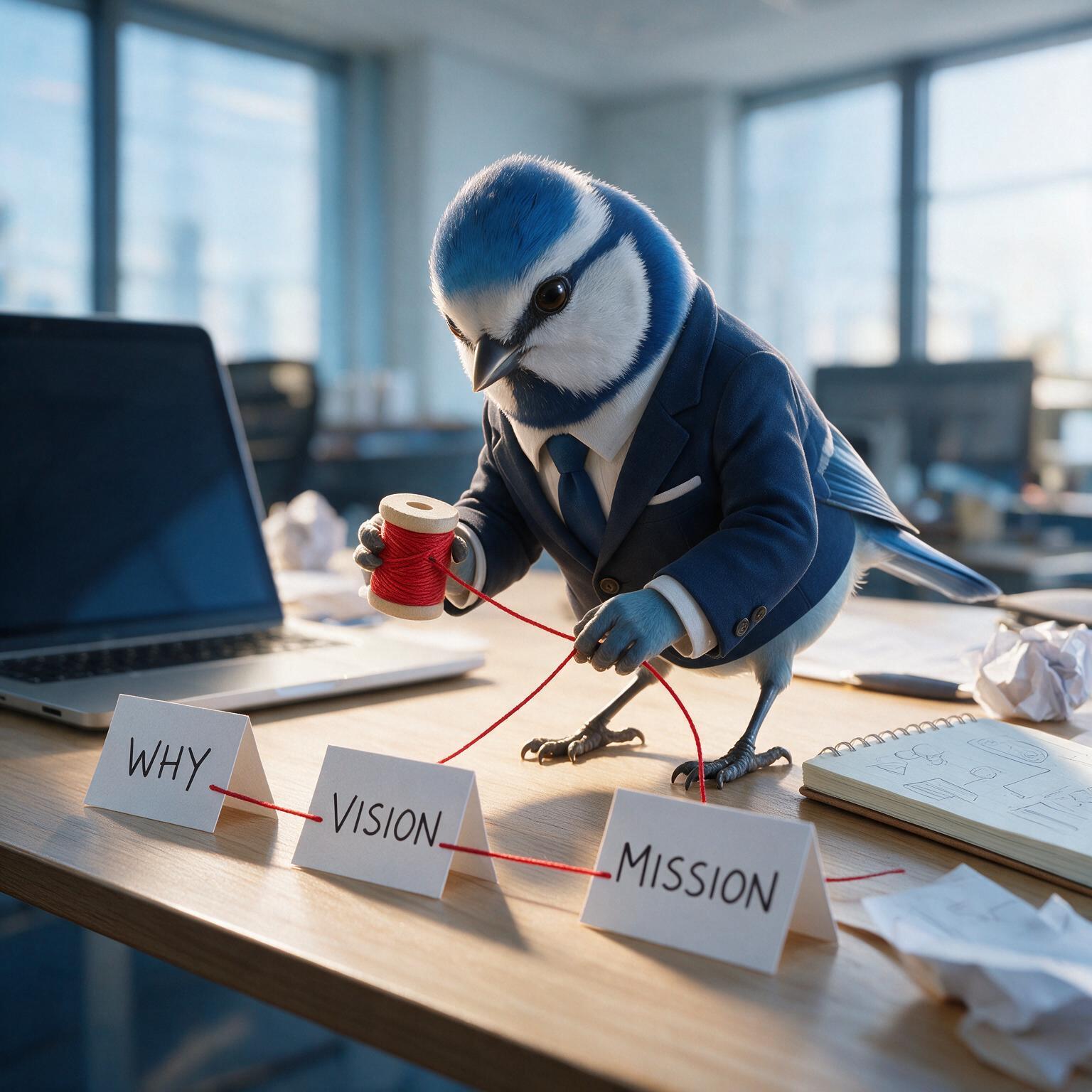 Blaumeise im Anzug auf dem Schreibtisch versucht mittels rotem Faden sein Why, die Mission und seine Vision miteinander zu verbinden